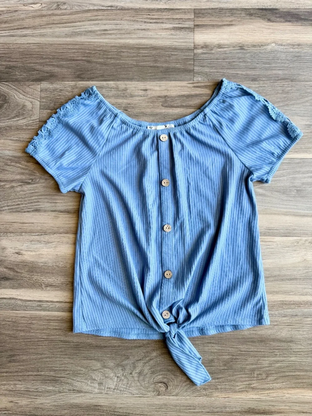 Coastal Casual Knitworks Blue Ribbed Tie Front Top & Stripe Wide Leg Pants Set‎